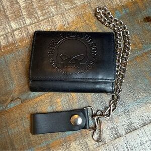 Harley Davidson Men's Willie G Skull Logo Billfold Leather Wallet Black W Chain